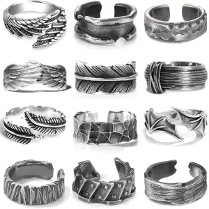 12Pcs Vintage Rings for Men - Adjustable Angel Wings Ring Goth Punk Open Ring Set
