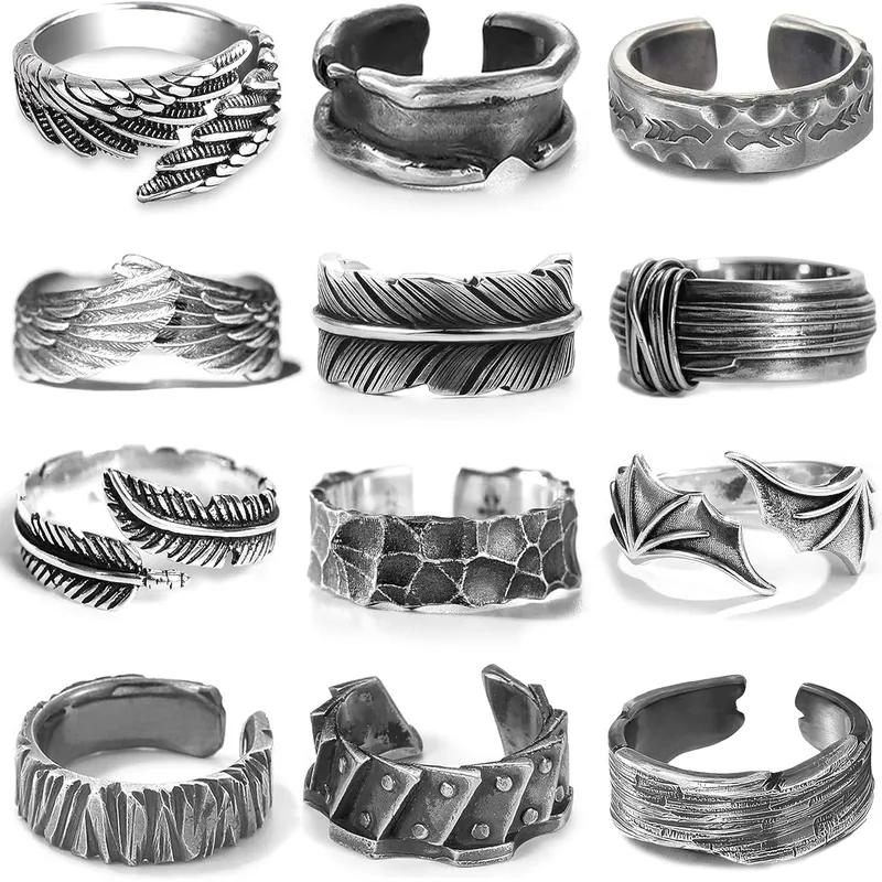 12Pcs Vintage Rings for Men - Adjustable Angel Wings Ring Goth Punk Open Ring Set