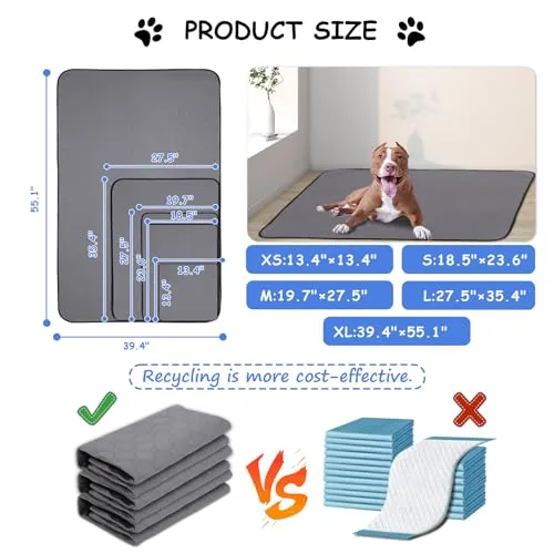 AT1NTEN 2 Pack Reusable Dog Pee Pads,Dogs Waterproof Puppy Potty Training Pee Pad,Washable Training Pads Rounded Corners Pet Mats,Lightweight Pad Dog Mat Pet Supplies,Grey,Size XS 13.4" x13.4"