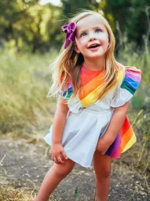 Girls Casual Spring Ruffled Sleeve Rainbow Print Dress