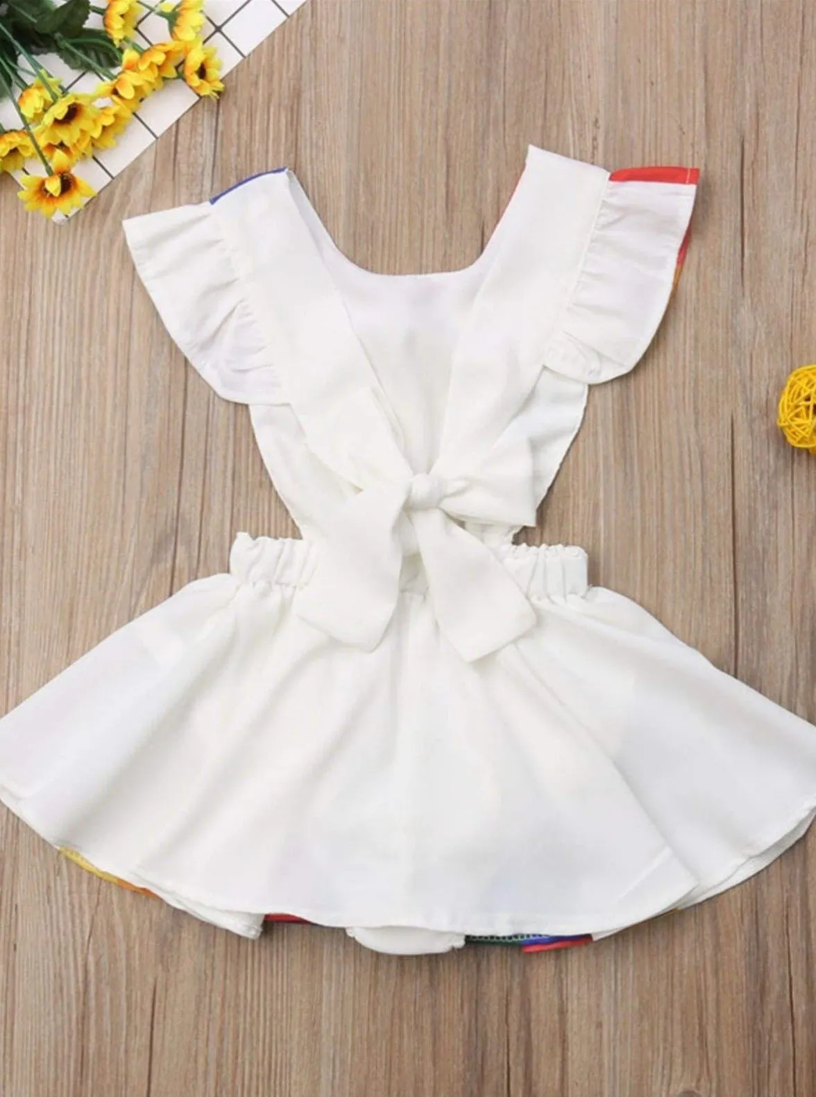 Girls Casual Spring Ruffled Sleeve Rainbow Print Dress
