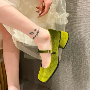 Hnzxzm Mary Janes Shoes Female Golden Velvet New Square Toe College Style Casual Pumps Fashion Shallow Buckle Shoes High Heel Shoes