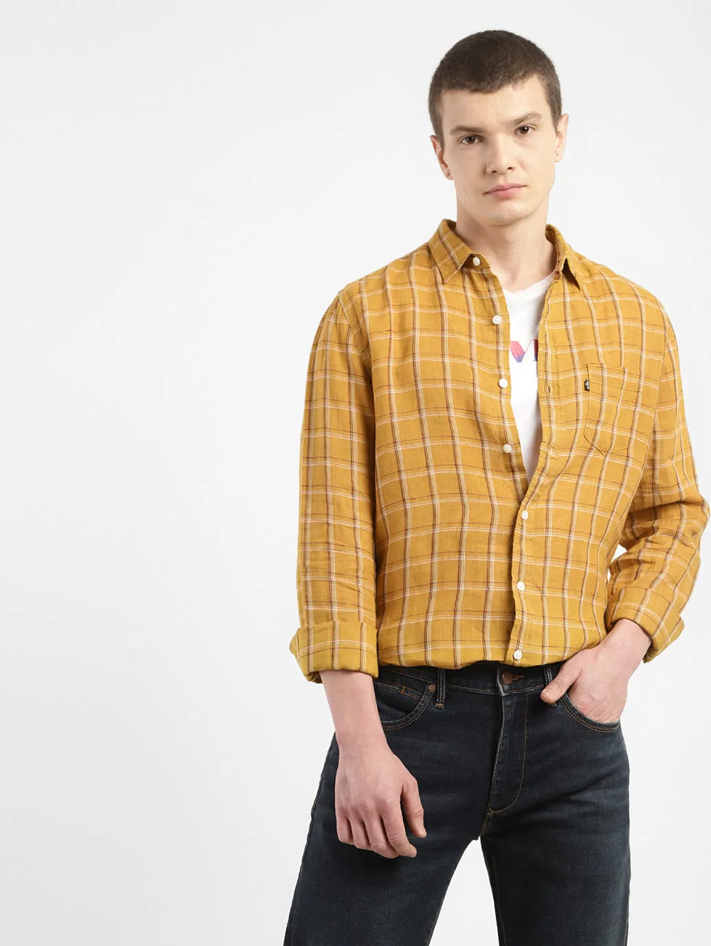 Men's Checkered Spread Collar Linen Shirt