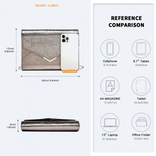 Miss Lulu Grey Glitter Envelope Flap Clutch – Elegant Evening Bag for Formal Occasions