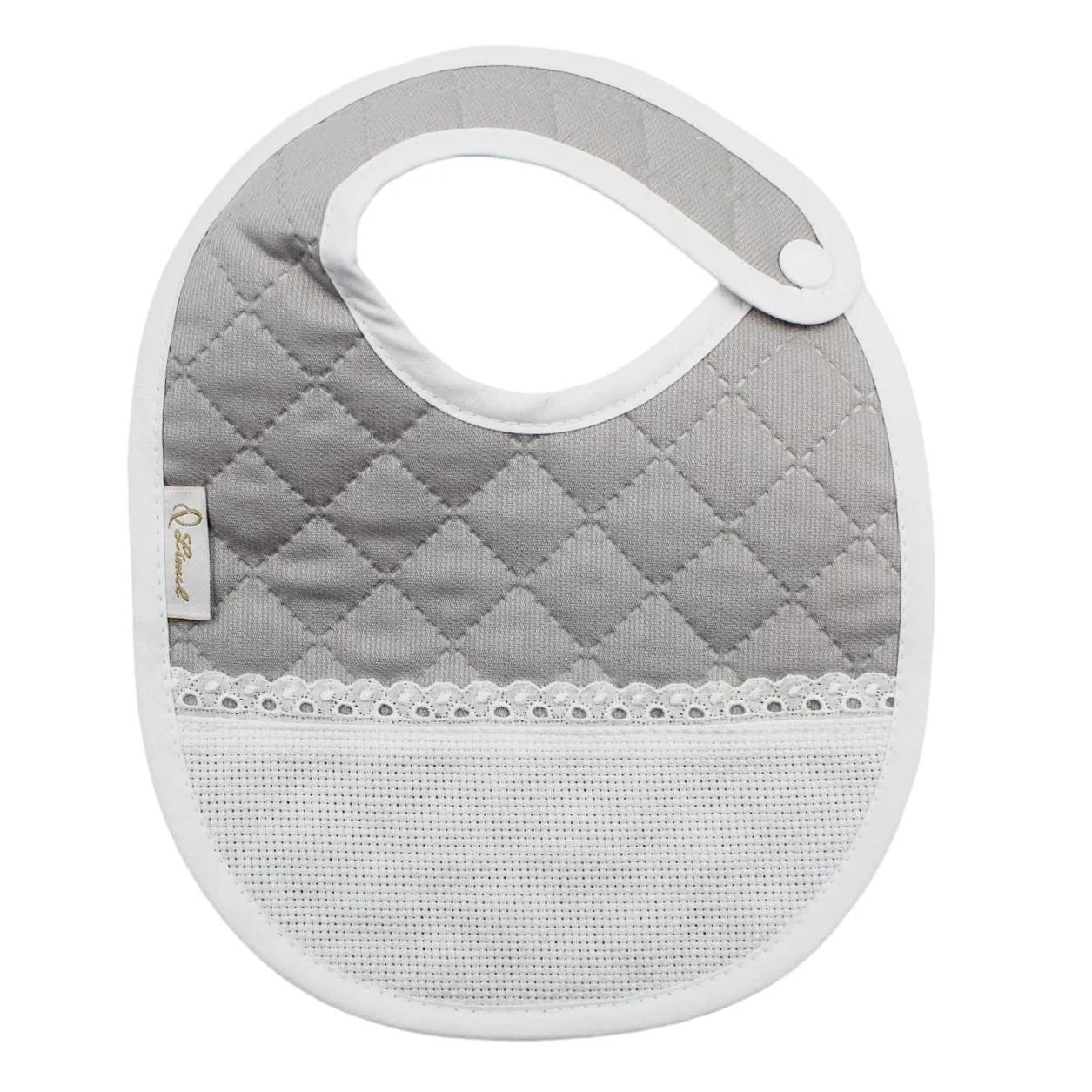 Portuguese Unisex Grey Baby Classic Snap Closure Cross Stitch Bib and Booties Set