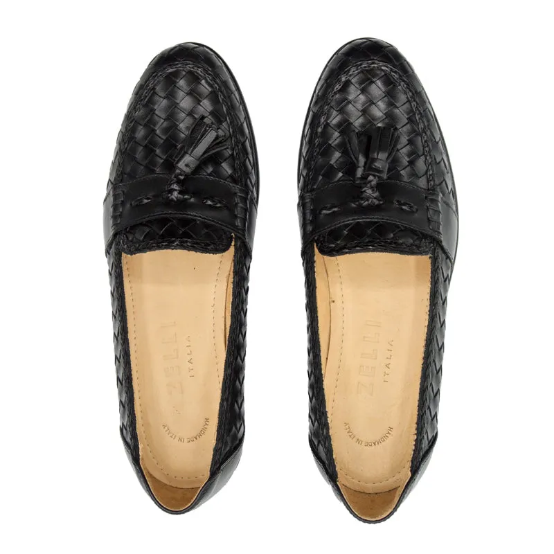 Riviera Basketweave Italian Calfskin Tassel Loafer in Black by Zelli Italia