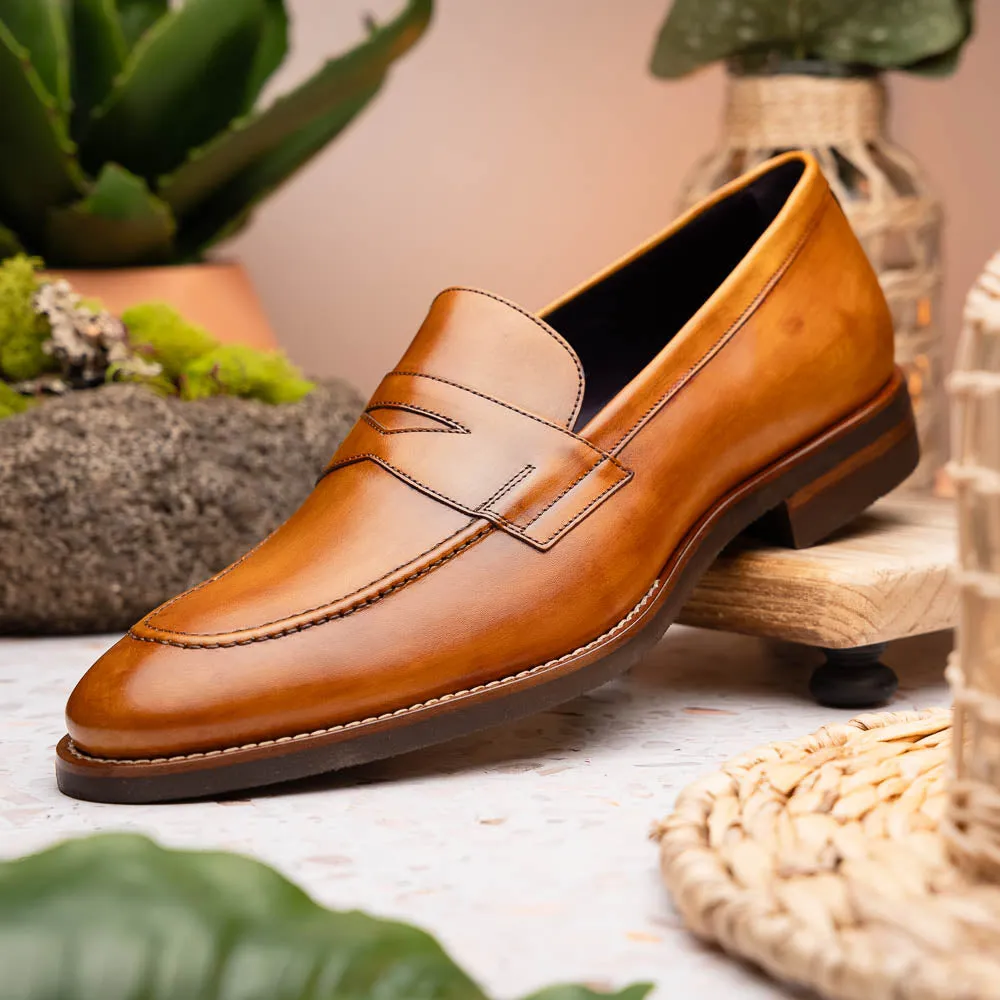 Roma Hand Burnished Italian Calfskin Penny Loafer in Camel by Zelli Italia