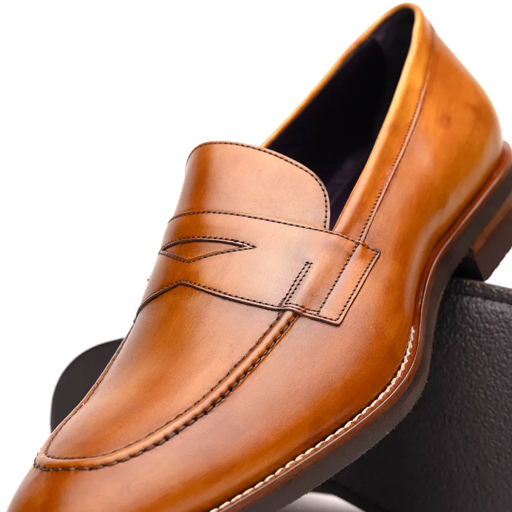 Roma Hand Burnished Italian Calfskin Penny Loafer in Camel by Zelli Italia