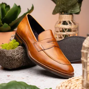 Roma Hand Burnished Italian Calfskin Penny Loafer in Camel by Zelli Italia
