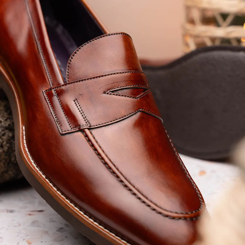 Roma Hand Burnished Italian Calfskin Penny Loafer in Cognac by Zelli Italia
