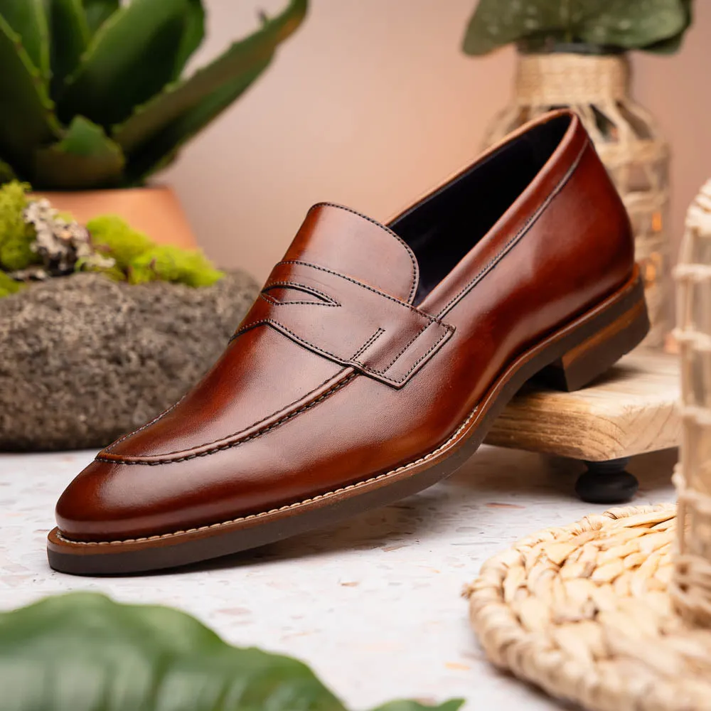 Roma Hand Burnished Italian Calfskin Penny Loafer in Cognac by Zelli Italia
