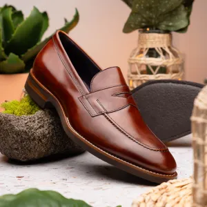 Roma Hand Burnished Italian Calfskin Penny Loafer in Cognac by Zelli Italia