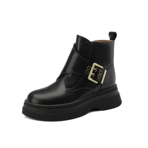 TinaCus Handmade Women's Genuine Leather Side Zip Buckle Round Toe Low Block Heel Platform Boots