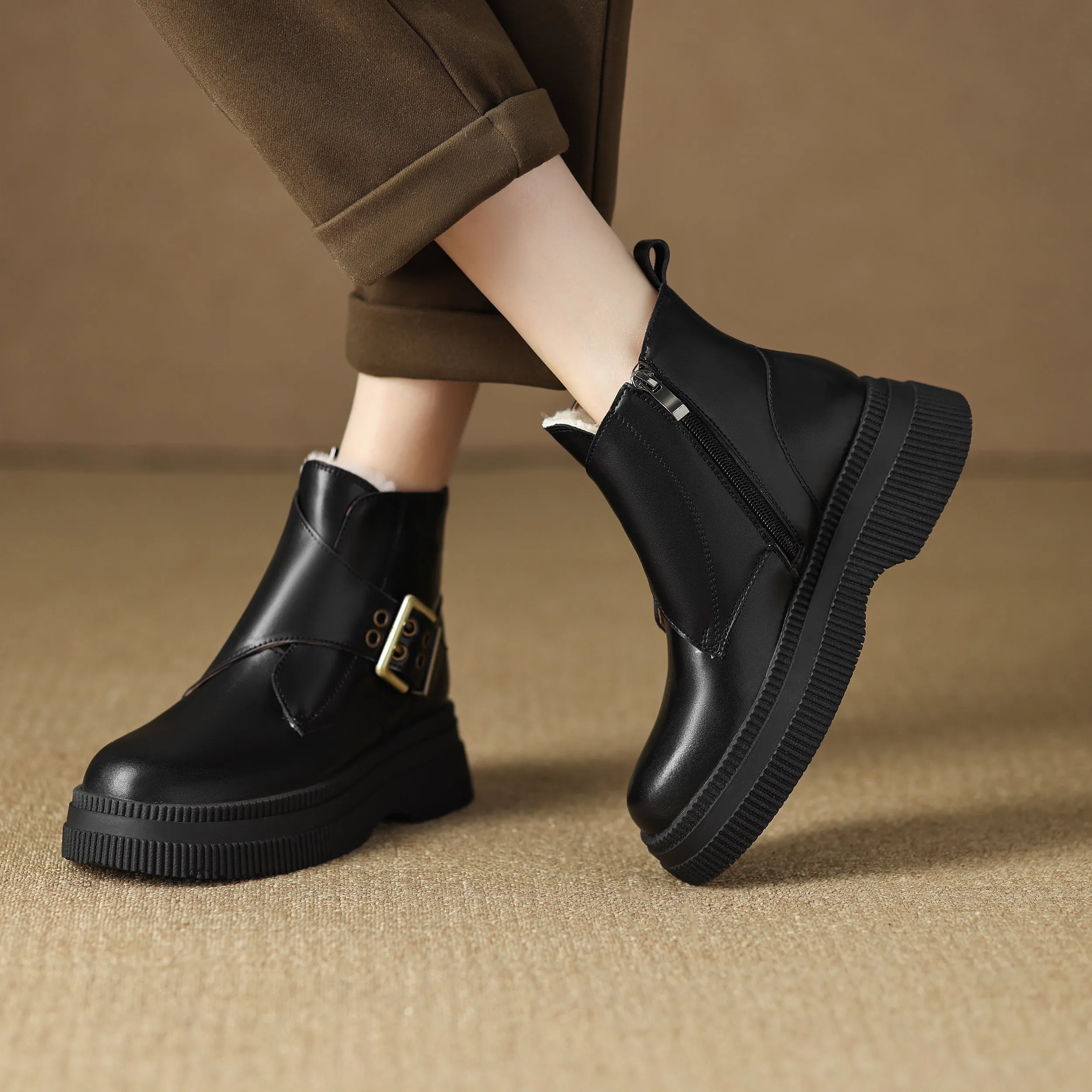 TinaCus Handmade Women's Genuine Leather Side Zip Buckle Round Toe Low Block Heel Platform Boots
