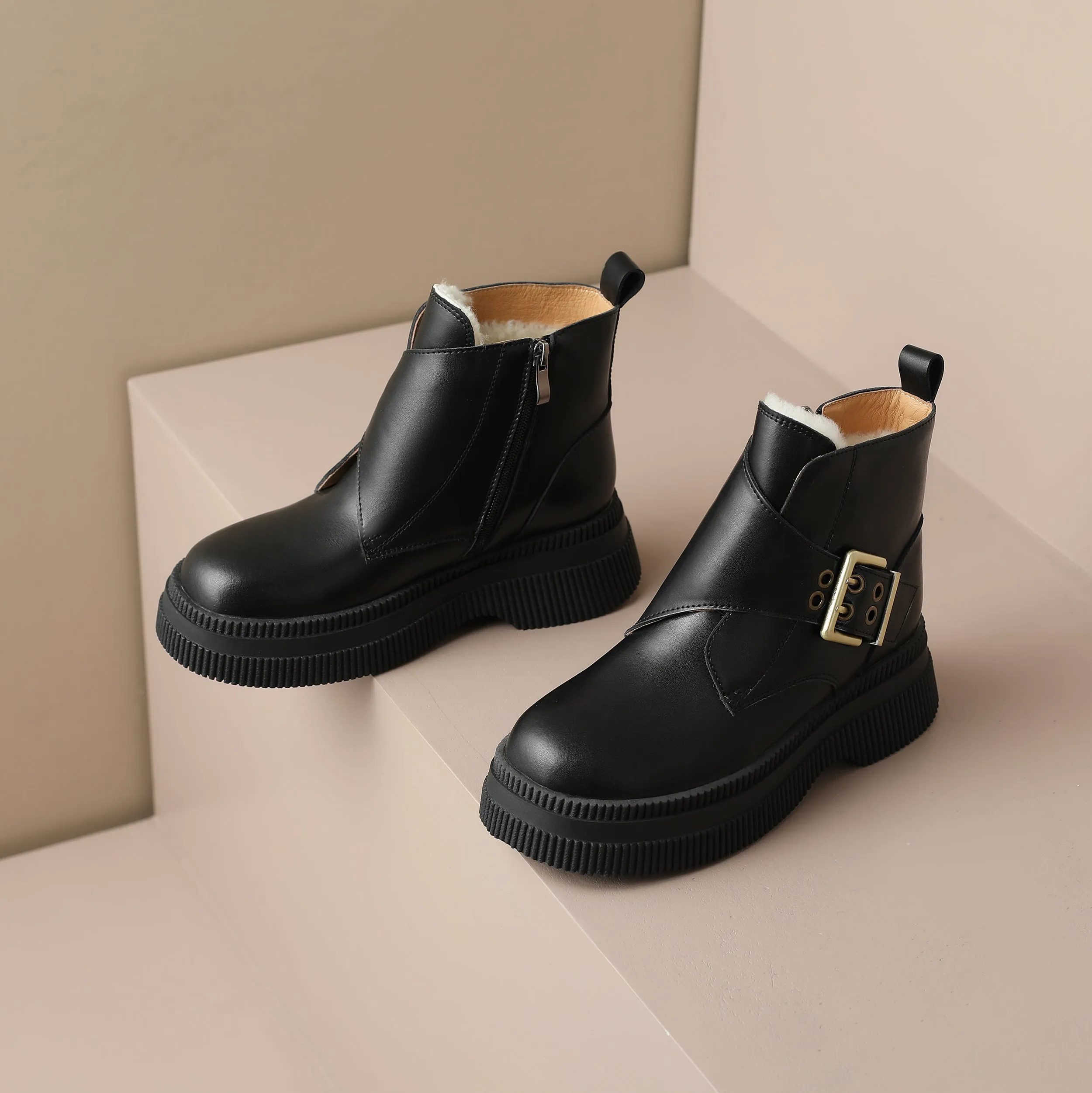 TinaCus Handmade Women's Genuine Leather Side Zip Buckle Round Toe Low Block Heel Platform Boots