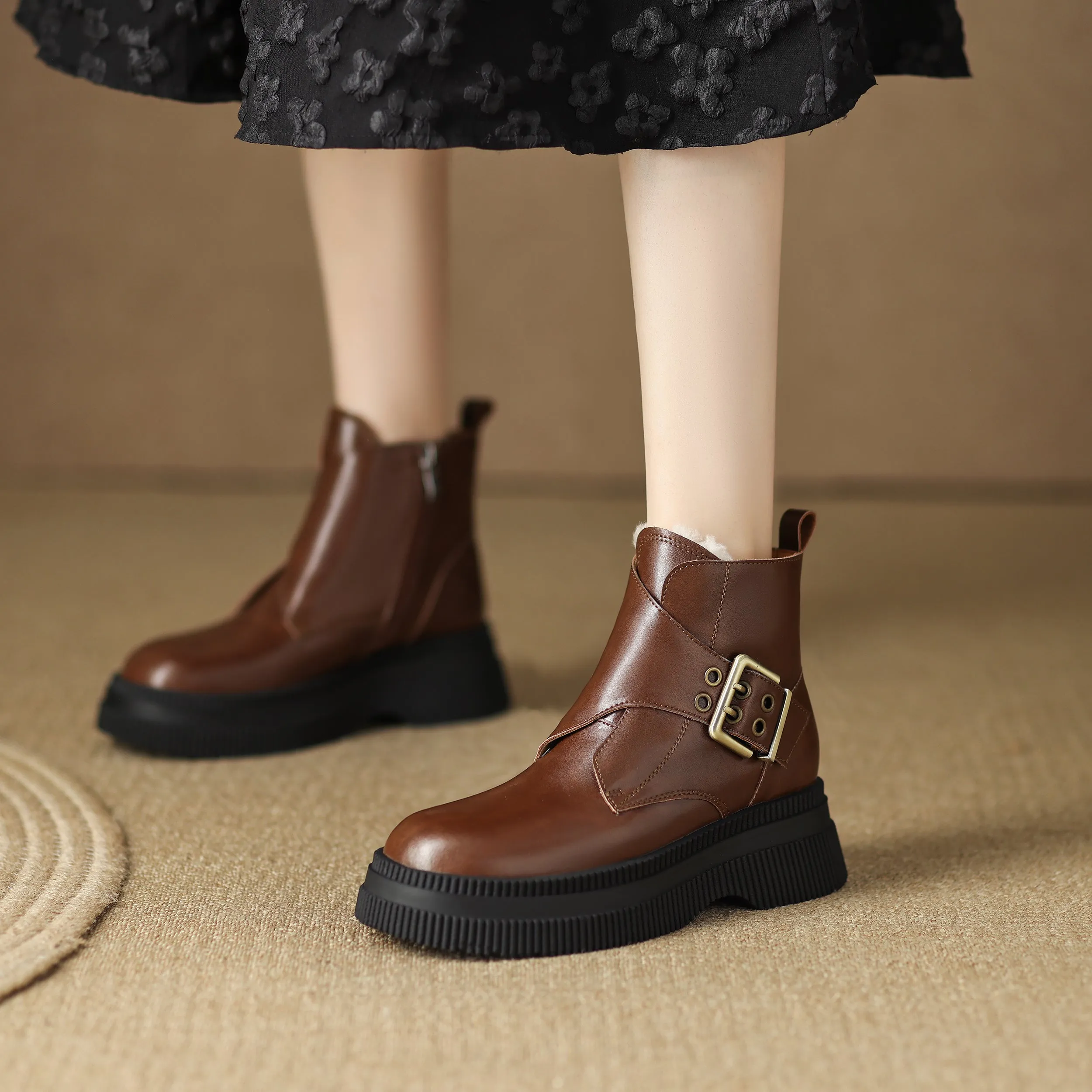 TinaCus Handmade Women's Genuine Leather Side Zip Buckle Round Toe Low Block Heel Platform Boots