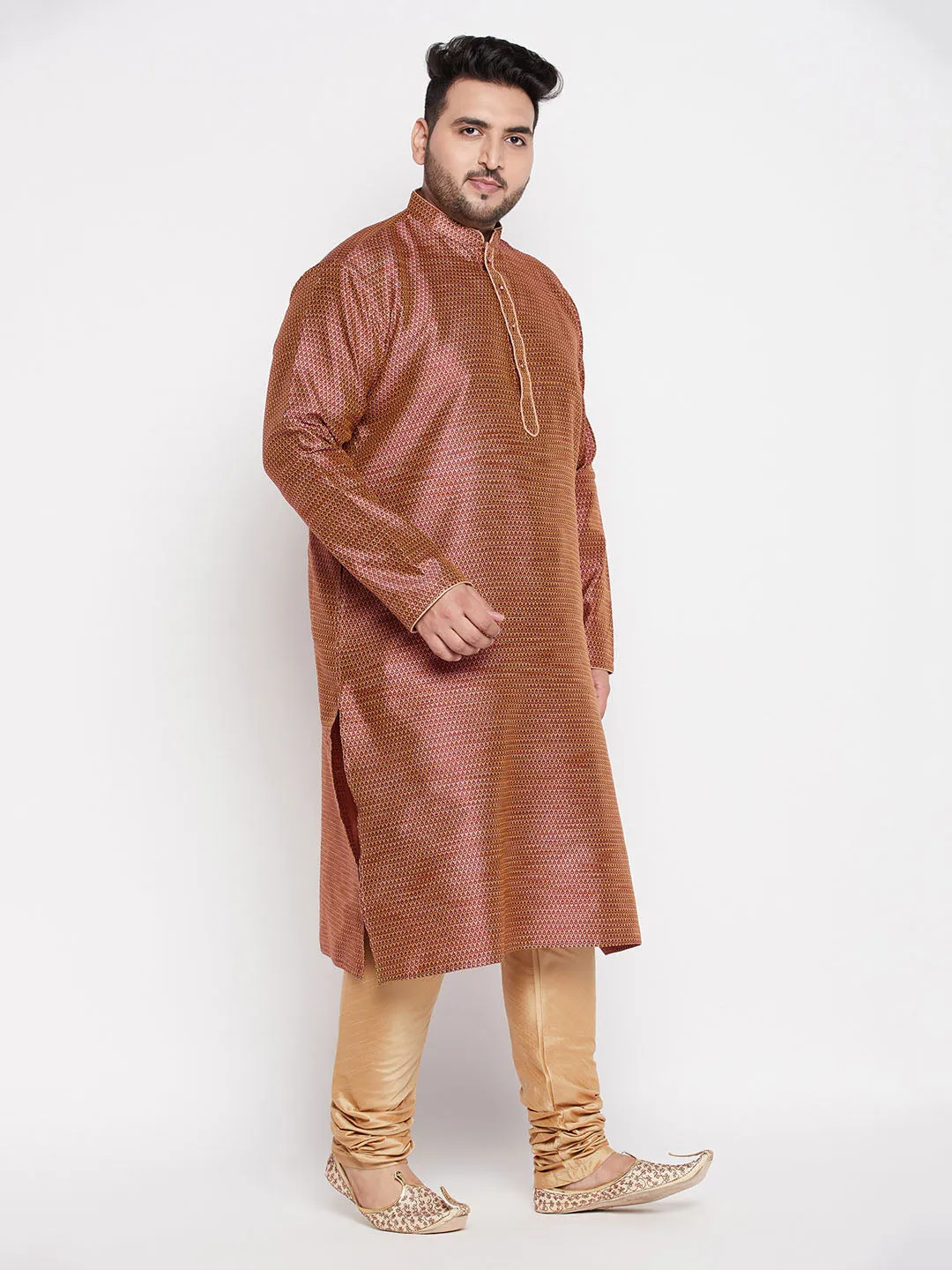 VASTRAMAY Maroon Woven Kurta & Rose Gold Pyjama