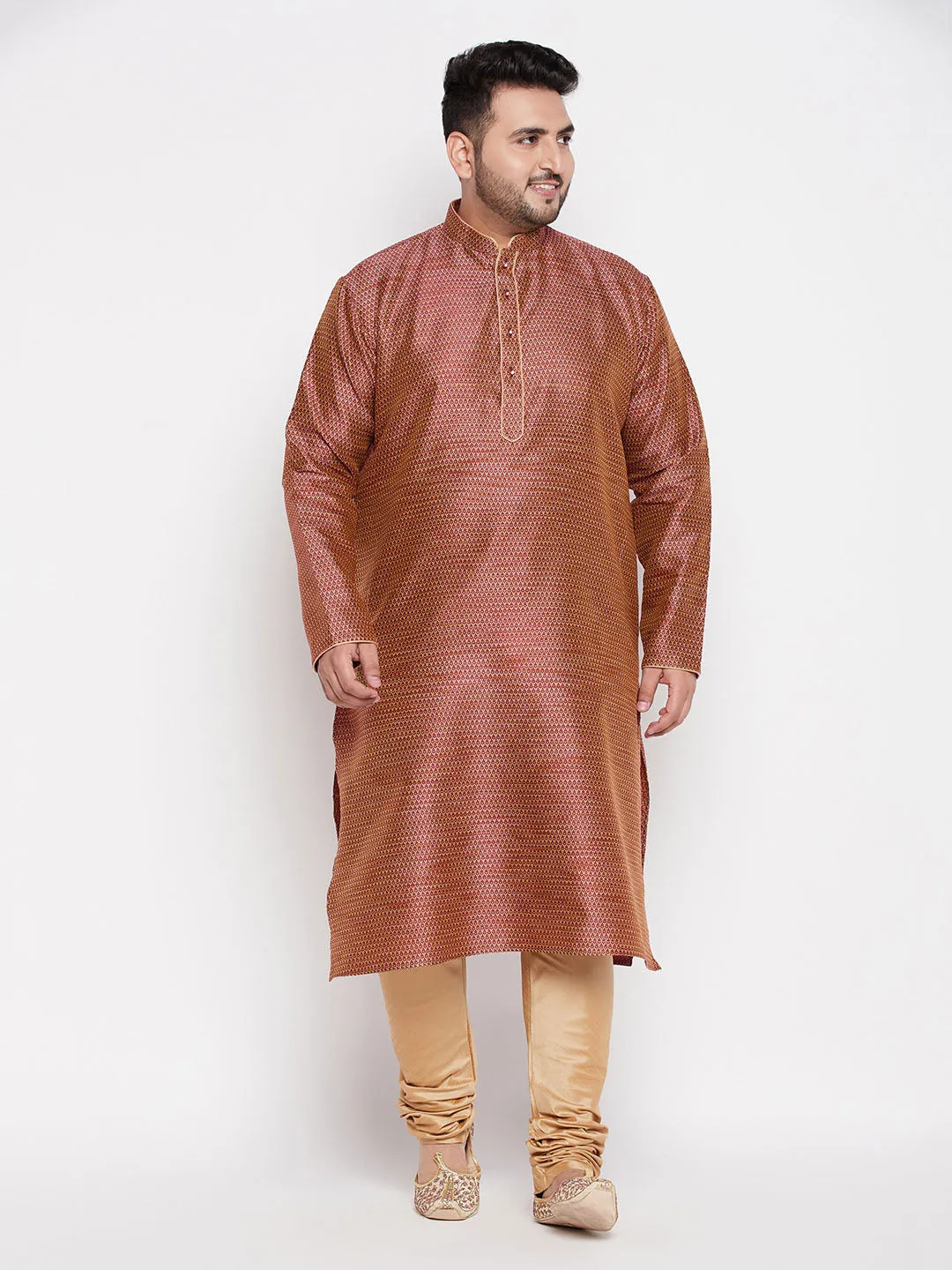 VASTRAMAY Maroon Woven Kurta & Rose Gold Pyjama