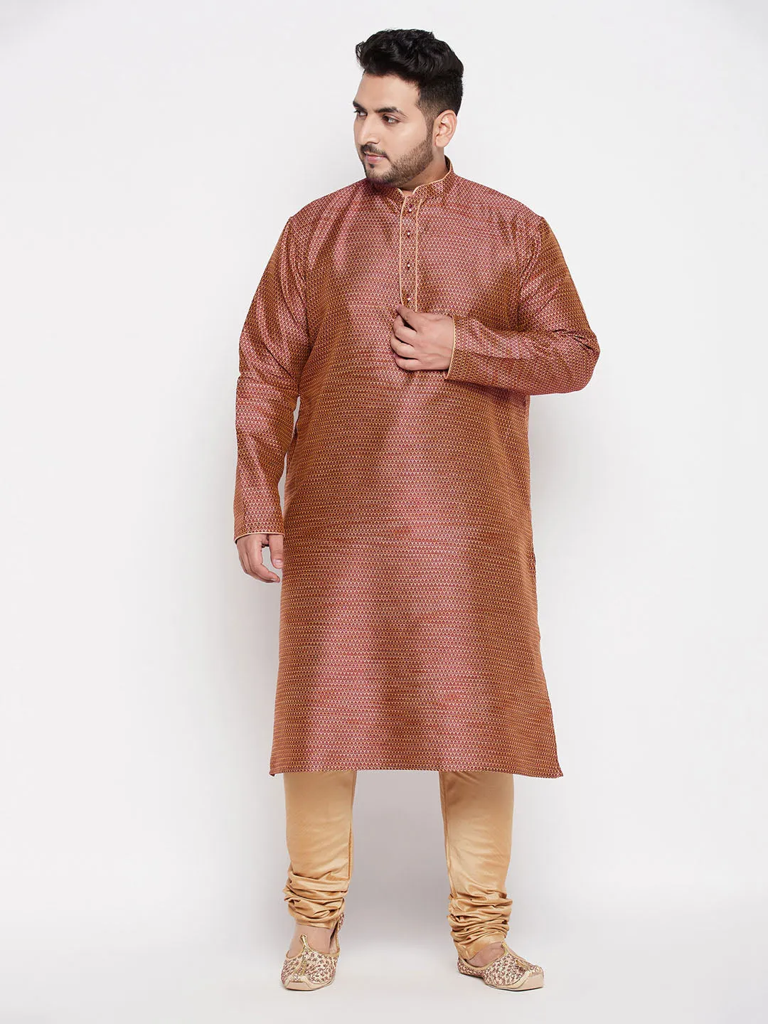 VASTRAMAY Maroon Woven Kurta & Rose Gold Pyjama
