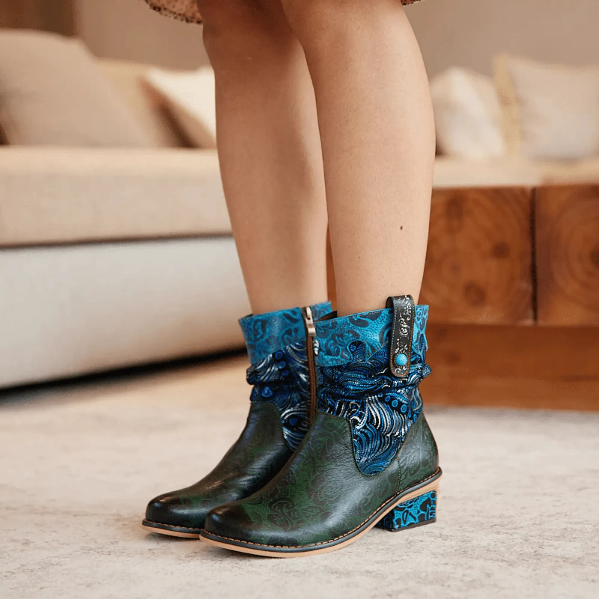 Women's Retro Olive Leather Ankle Boots