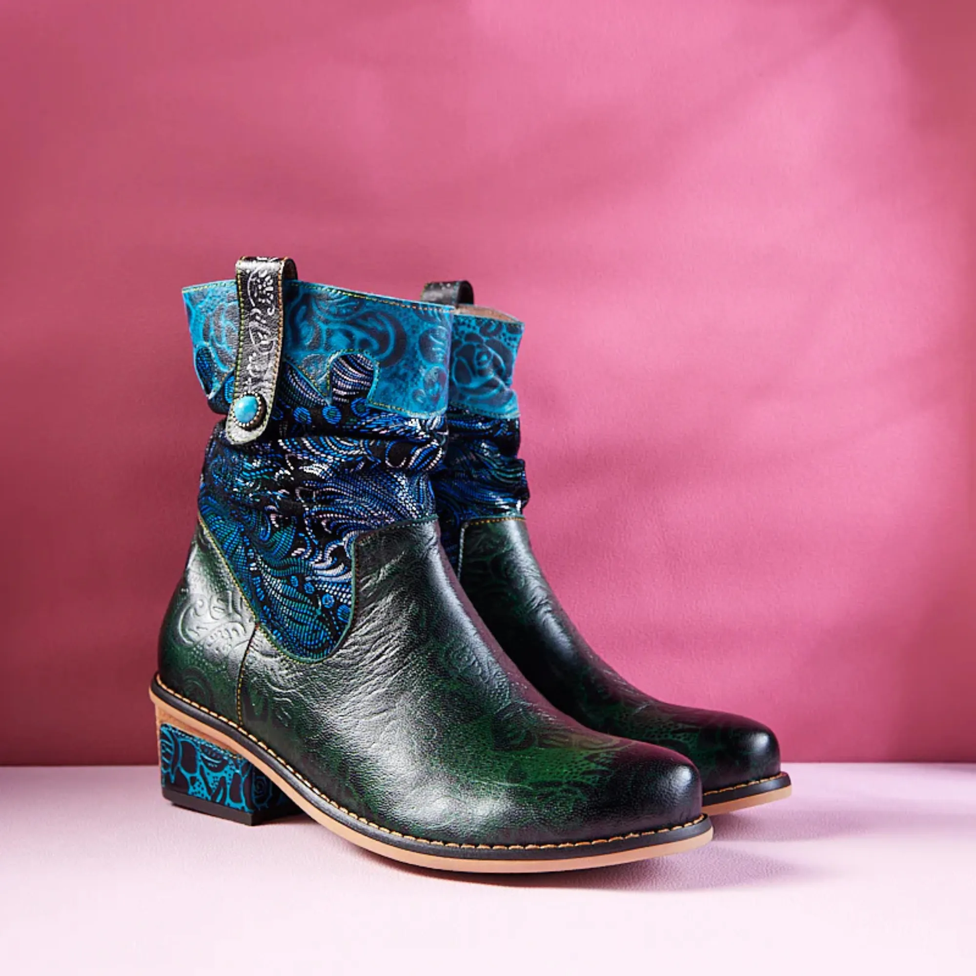 Women's Retro Olive Leather Ankle Boots