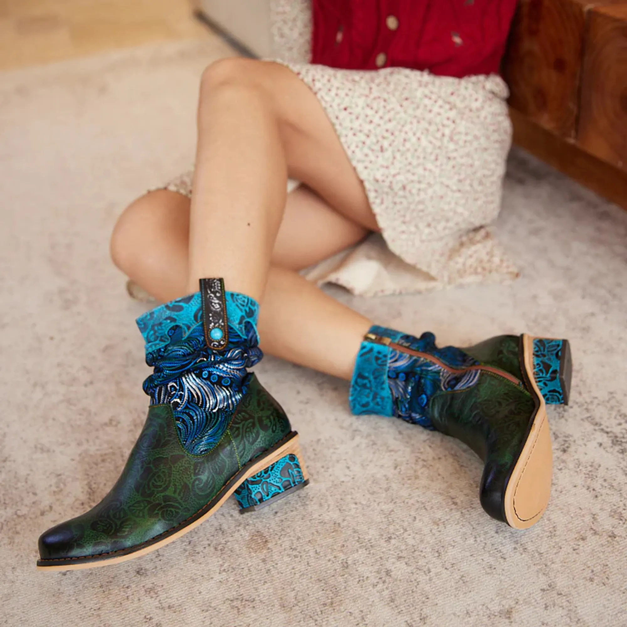 Women's Retro Olive Leather Ankle Boots