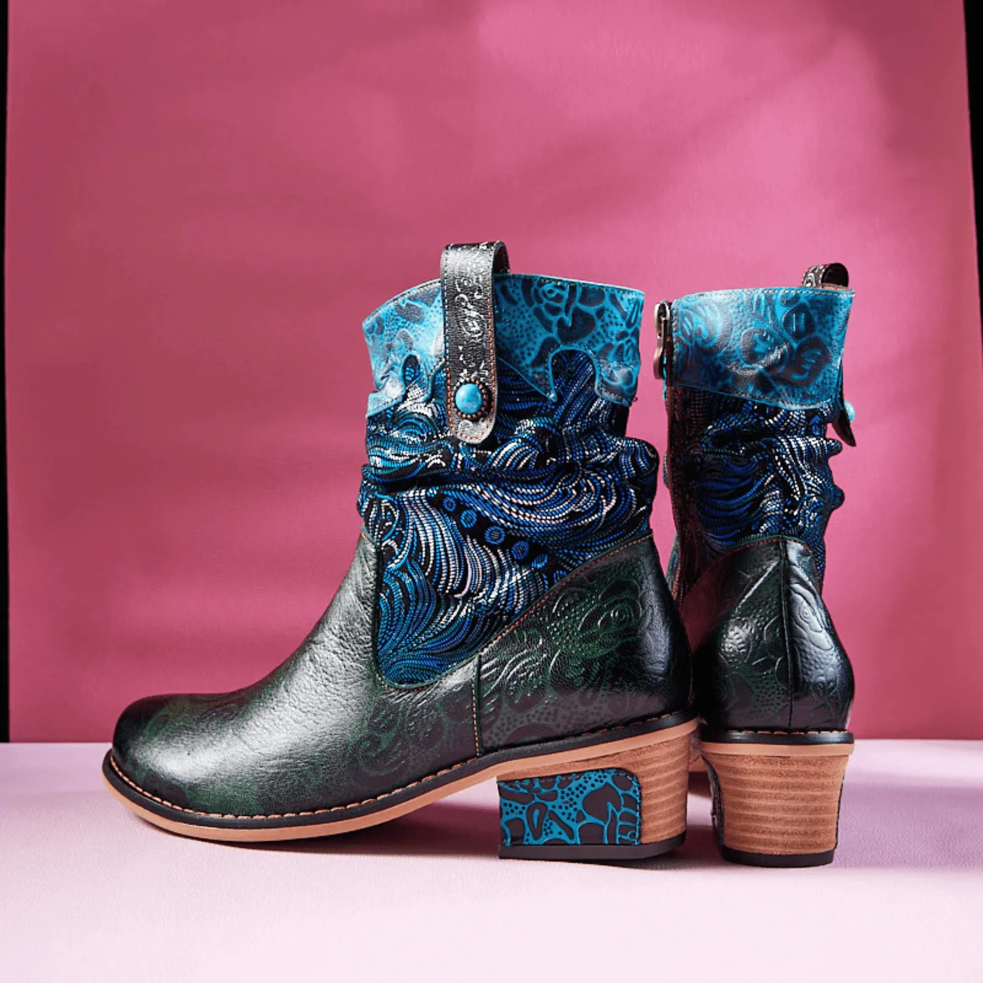 Women's Retro Olive Leather Ankle Boots