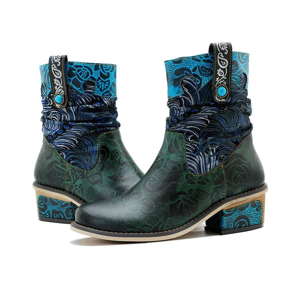 Women's Retro Olive Leather Ankle Boots