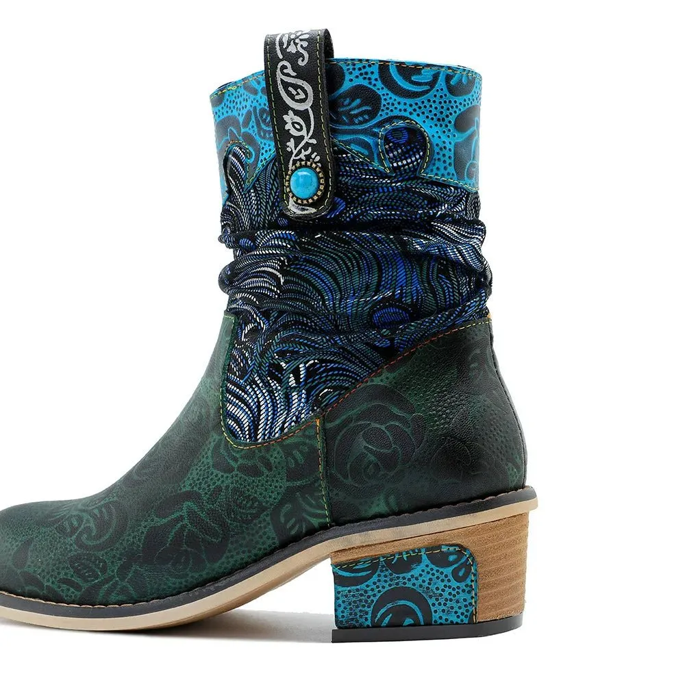 Women's Retro Olive Leather Ankle Boots