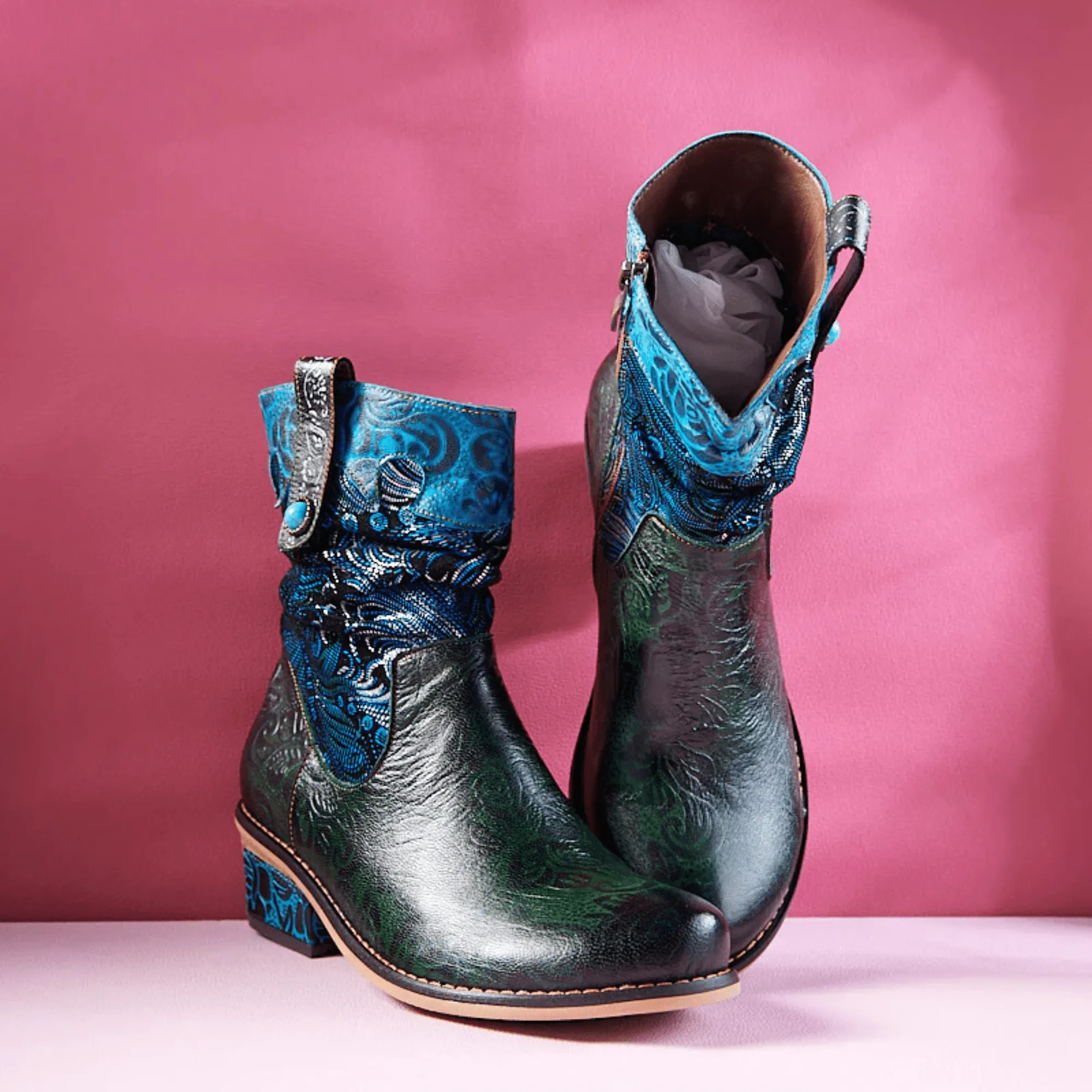 Women's Retro Olive Leather Ankle Boots