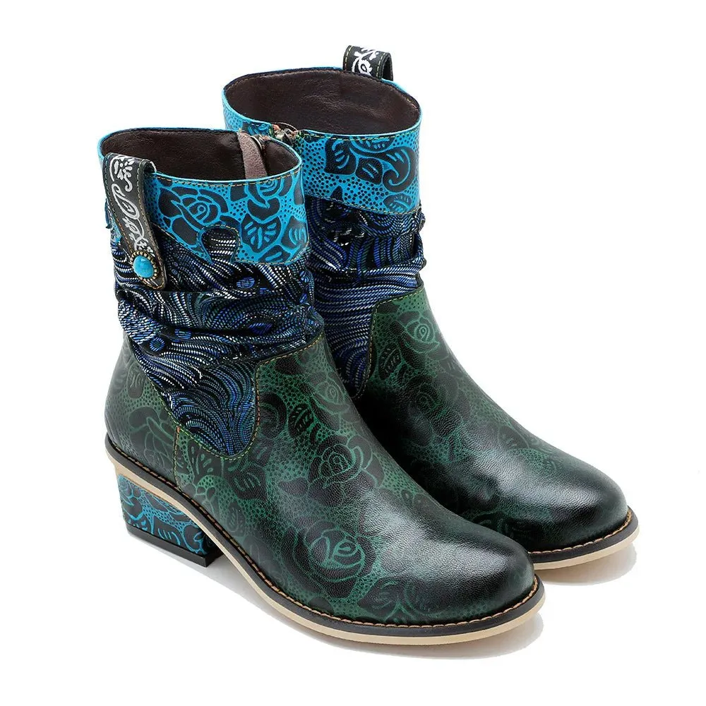 Women's Retro Olive Leather Ankle Boots