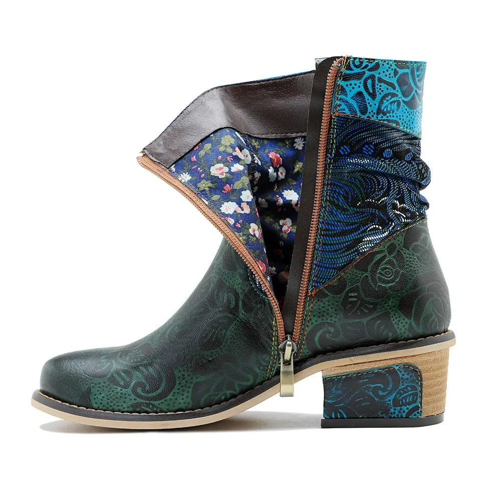 Women's Retro Olive Leather Ankle Boots