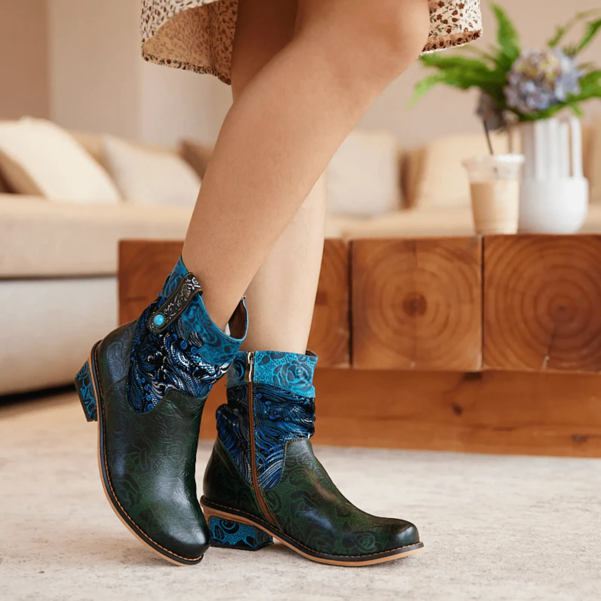 Women's Retro Olive Leather Ankle Boots