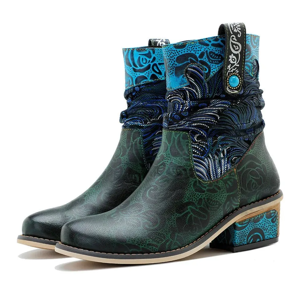 Women's Retro Olive Leather Ankle Boots