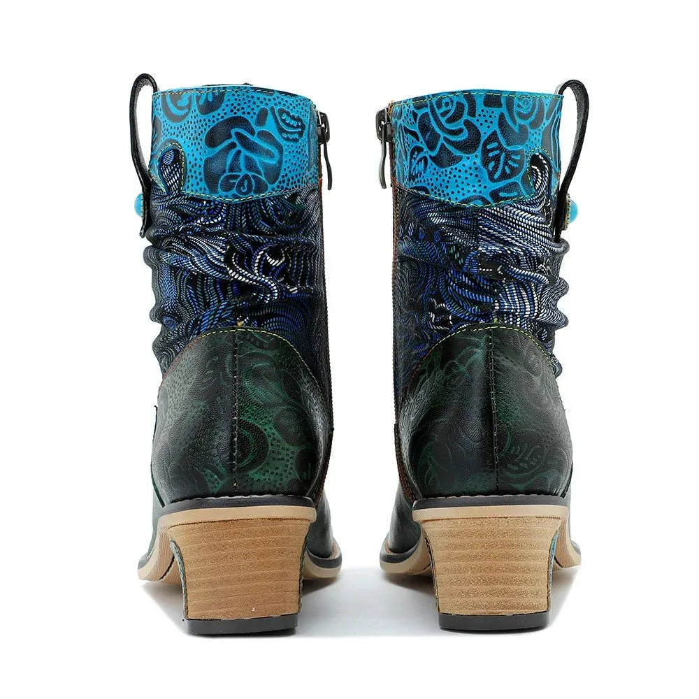 Women's Retro Olive Leather Ankle Boots