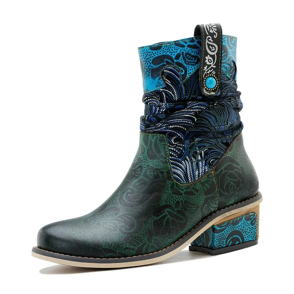 Women's Retro Olive Leather Ankle Boots