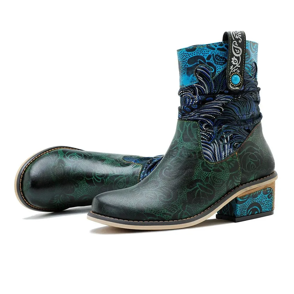 Women's Retro Olive Leather Ankle Boots