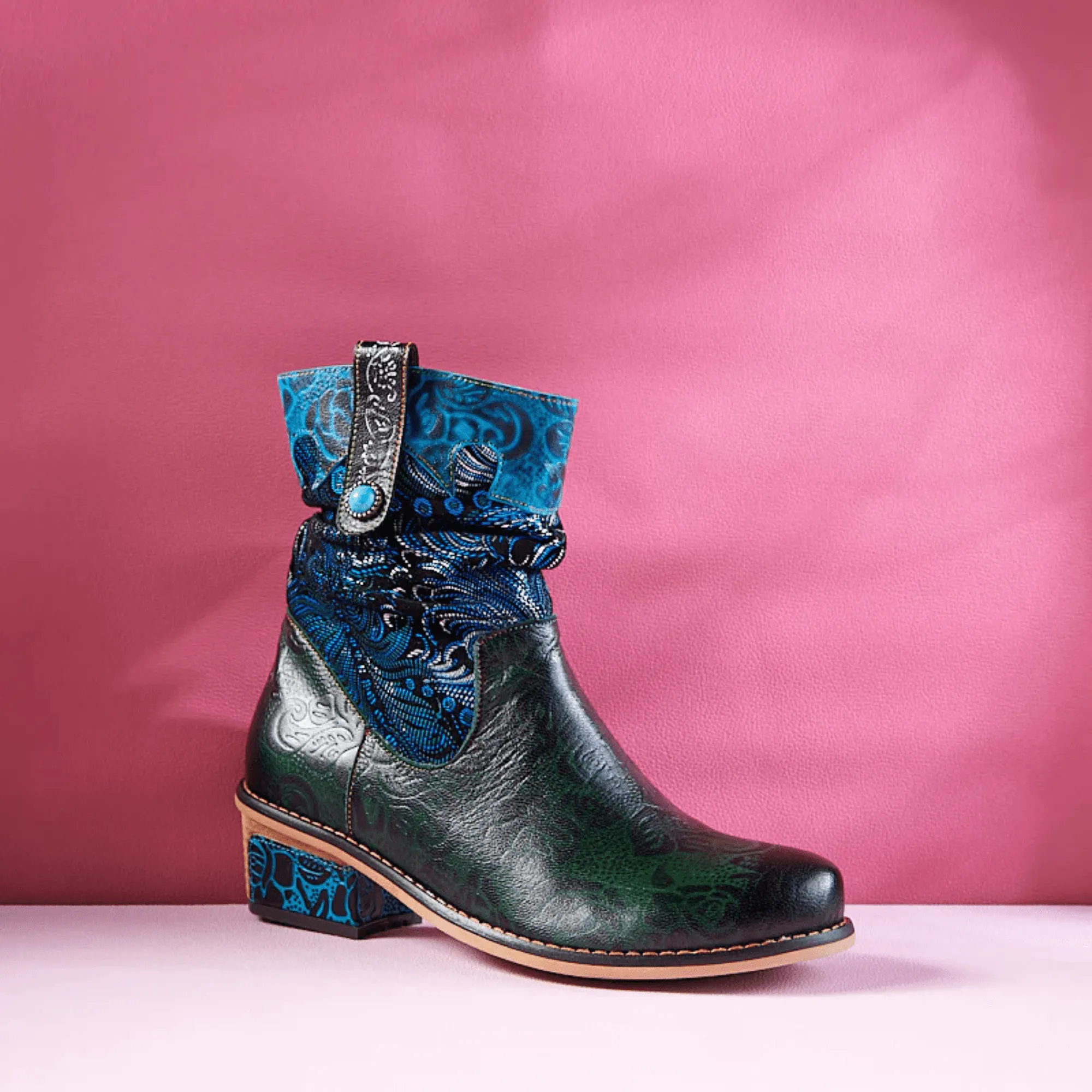 Women's Retro Olive Leather Ankle Boots