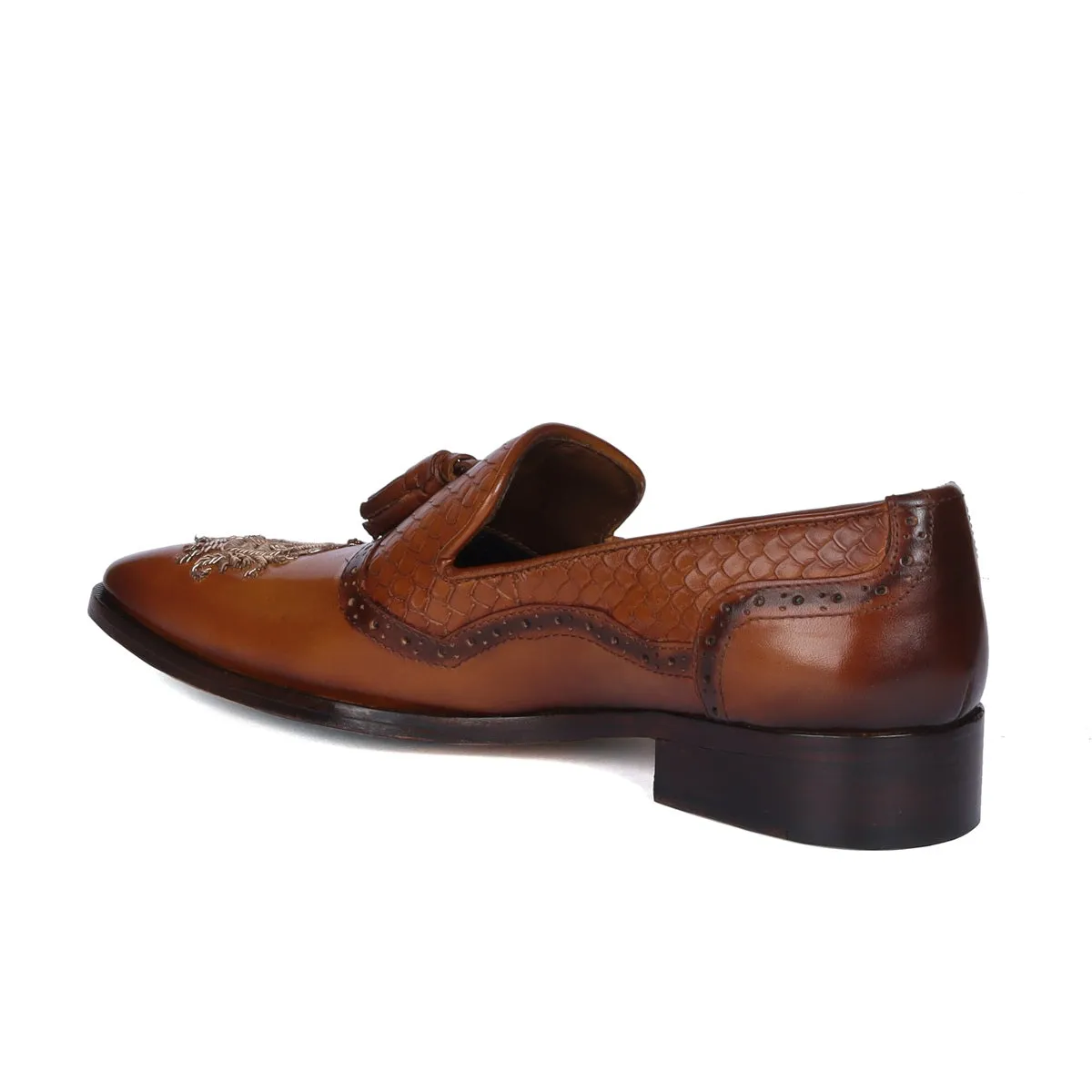 Zardosi Toe Snake Textured Tassel Tan Leather Slip-On Shoe For Men