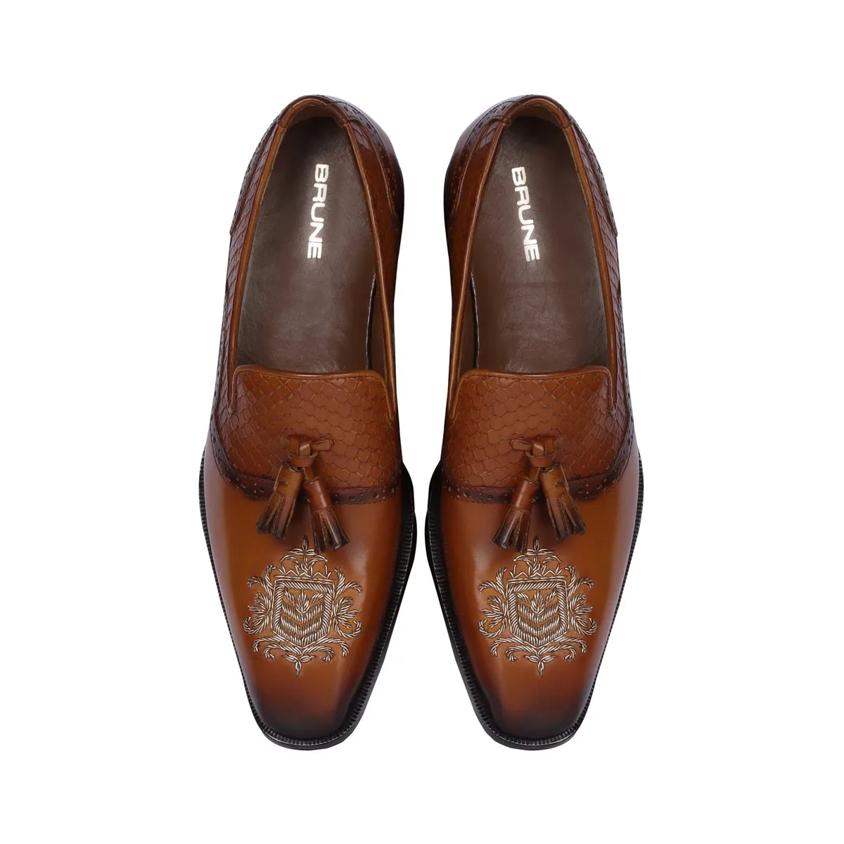 Zardosi Toe Snake Textured Tassel Tan Leather Slip-On Shoe For Men