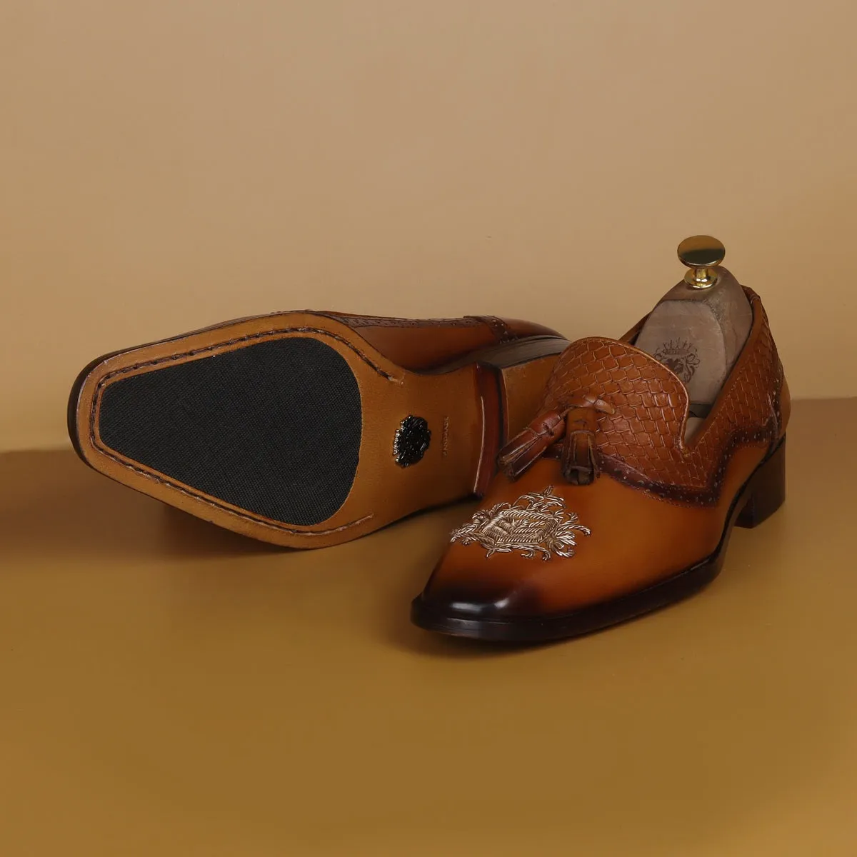 Zardosi Toe Snake Textured Tassel Tan Leather Slip-On Shoe For Men