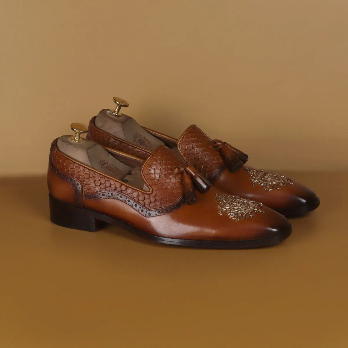 Zardosi Toe Snake Textured Tassel Tan Leather Slip-On Shoe For Men