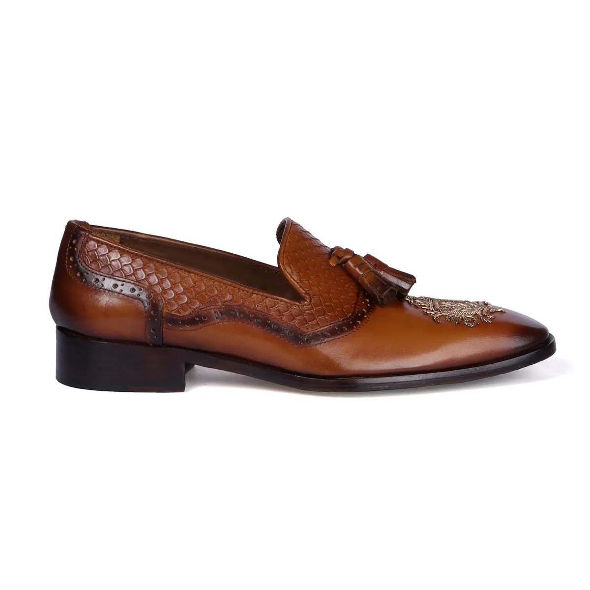 Zardosi Toe Snake Textured Tassel Tan Leather Slip-On Shoe For Men