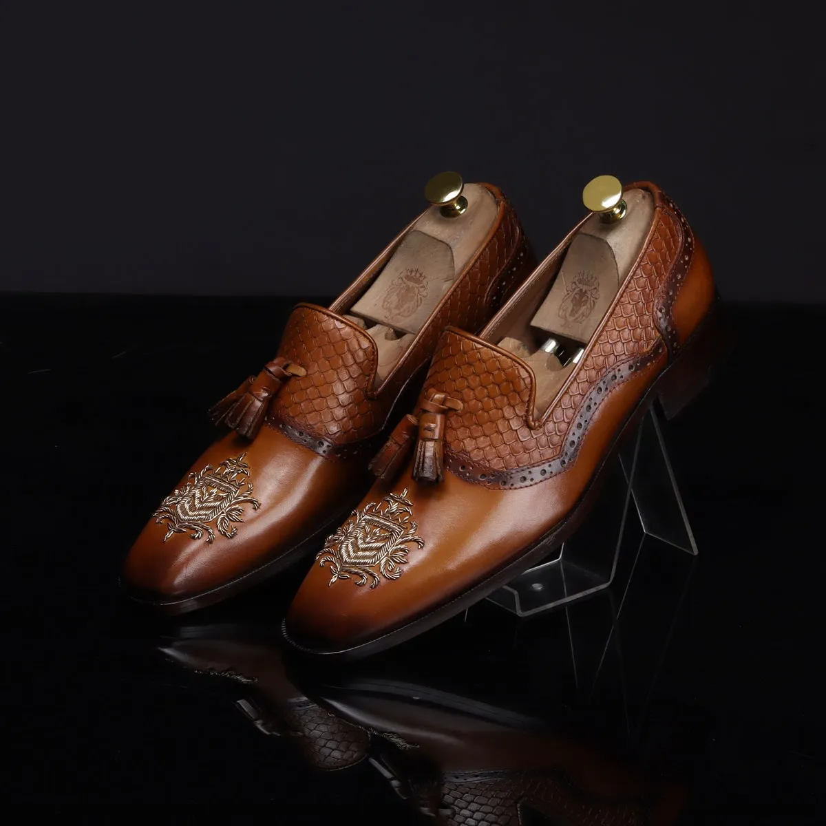 Zardosi Toe Snake Textured Tassel Tan Leather Slip-On Shoe For Men