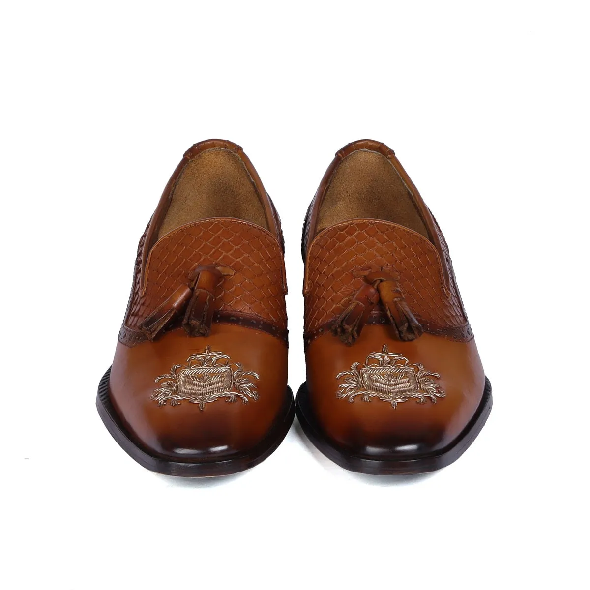 Zardosi Toe Snake Textured Tassel Tan Leather Slip-On Shoe For Men